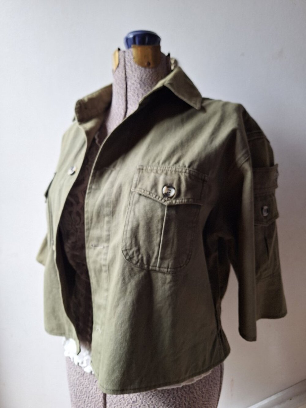 Vintage Women's Stylized Khaki Jacket Army Military Size M Broken In Character